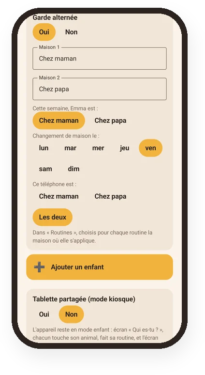 Réglage de la garde alternée : maison 1 chez maman, maison 2 chez papa, jour de changement le vendredi