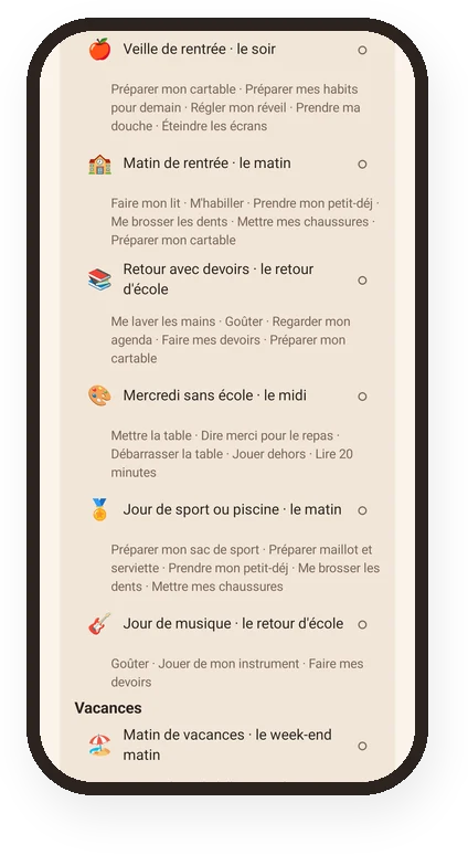 Liste des routines prêtes dans l'application : veille de rentrée, matin de rentrée, retour avec devoirs, mercredi sans école, jour de sport